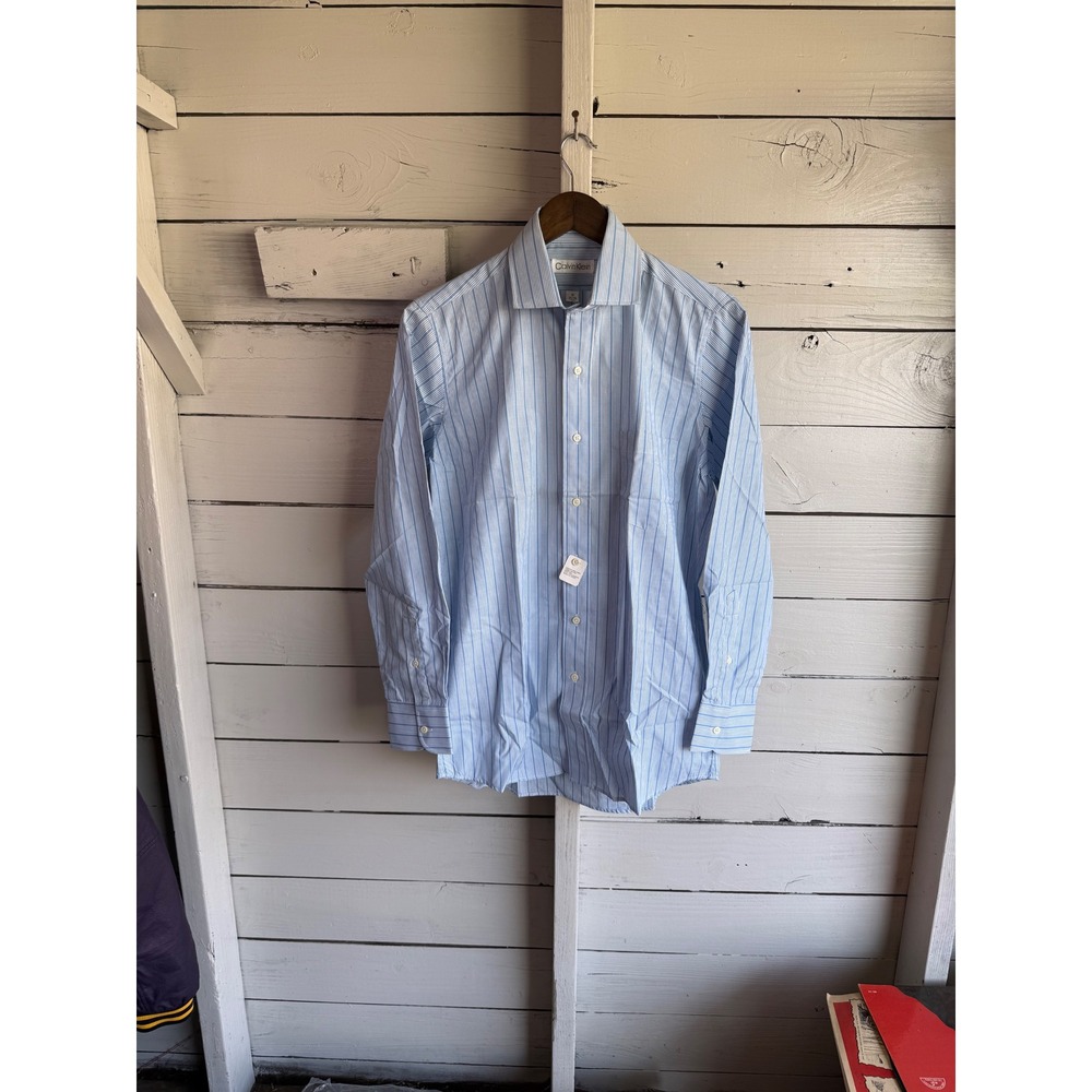Calvin Klein Mens Striped Dress Shirt Blue White Long Sleeve 15 32/33 Snag Spot